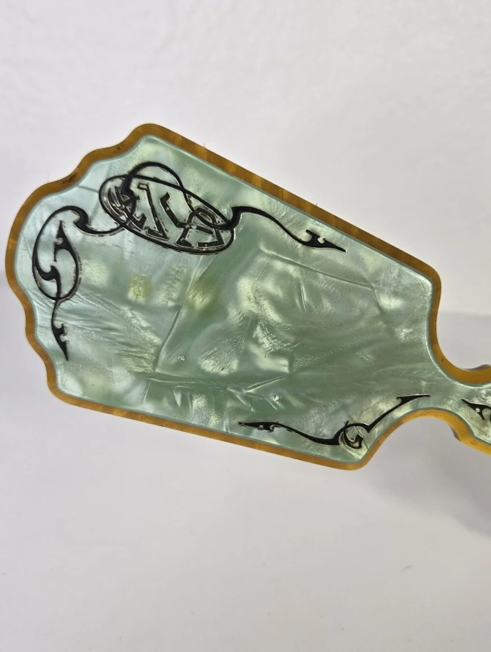 VTG Art Deco Green Pearlized Celluloid Vanity Hair Brush 1920s 30s  9